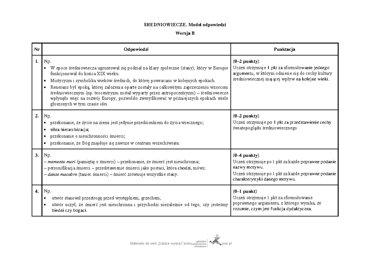 Klucz do sprawdzianu wersja b pdf - ŚREDNIOWIECZE. Model odpowiedzi Sredniowiecze Test Pdf