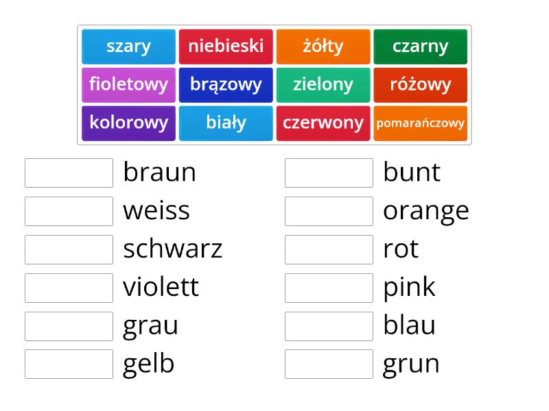 Kolory - Język Niemiecki klasa 4 - Połącz w pary Sprawdzian Z Niemieckiego Klasa 4 Dział 2