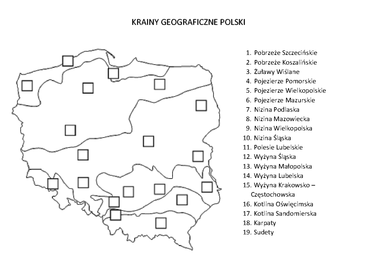 Krainy geograficzne - KRAINY GEOGRAFICZNE POLSKI 1. Pobrzeże Sprawdzian Mapa Polski Klasa 5