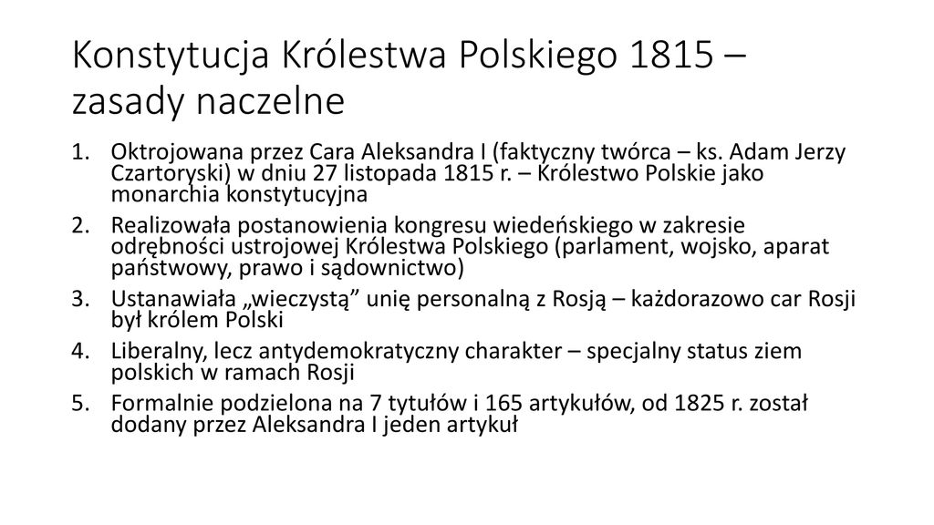 Królestwo kongresowe Zajęcia nr 5 – ppt pobierz Konstytucja Krolestwa Polskiego 1815 Postanowienia