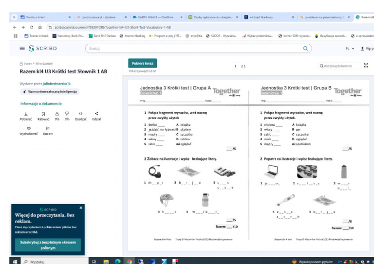 Krótki Test Angielski Klasa 4 Unit 3 | PDF Test Angielski Klasa 4