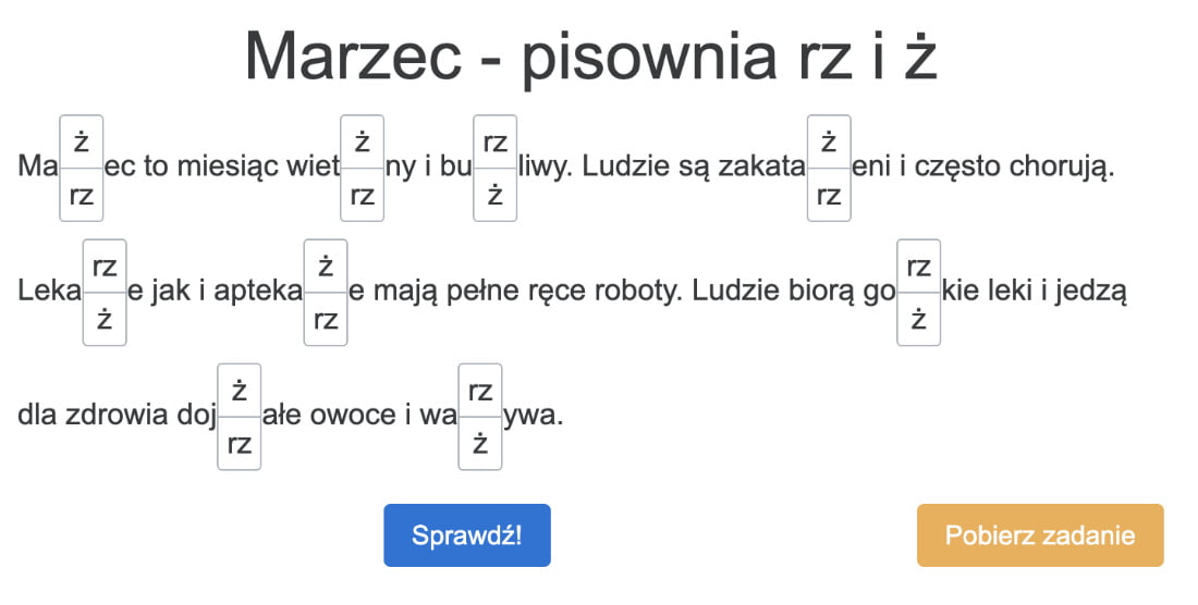 Krótkie dyktando online "Marzec" na pisownię RZ i Ż dla klas 3, 4, 5 Dyktando Klasa 2 Rz Po Spółgłoskach