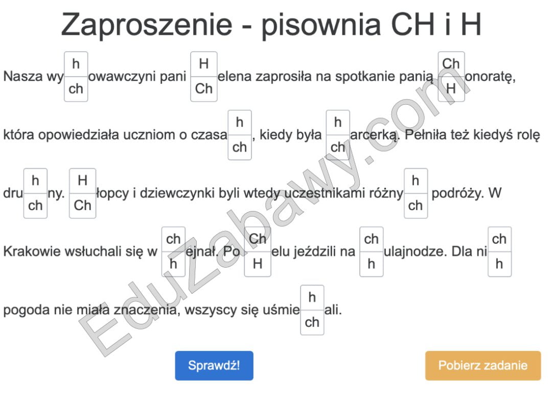 Krótkie dyktando online "Zaproszenie" na pisownię CH i H dla klas 3, 4, 5 Dyktando Klasa 3 U ó Rz ż Ch H