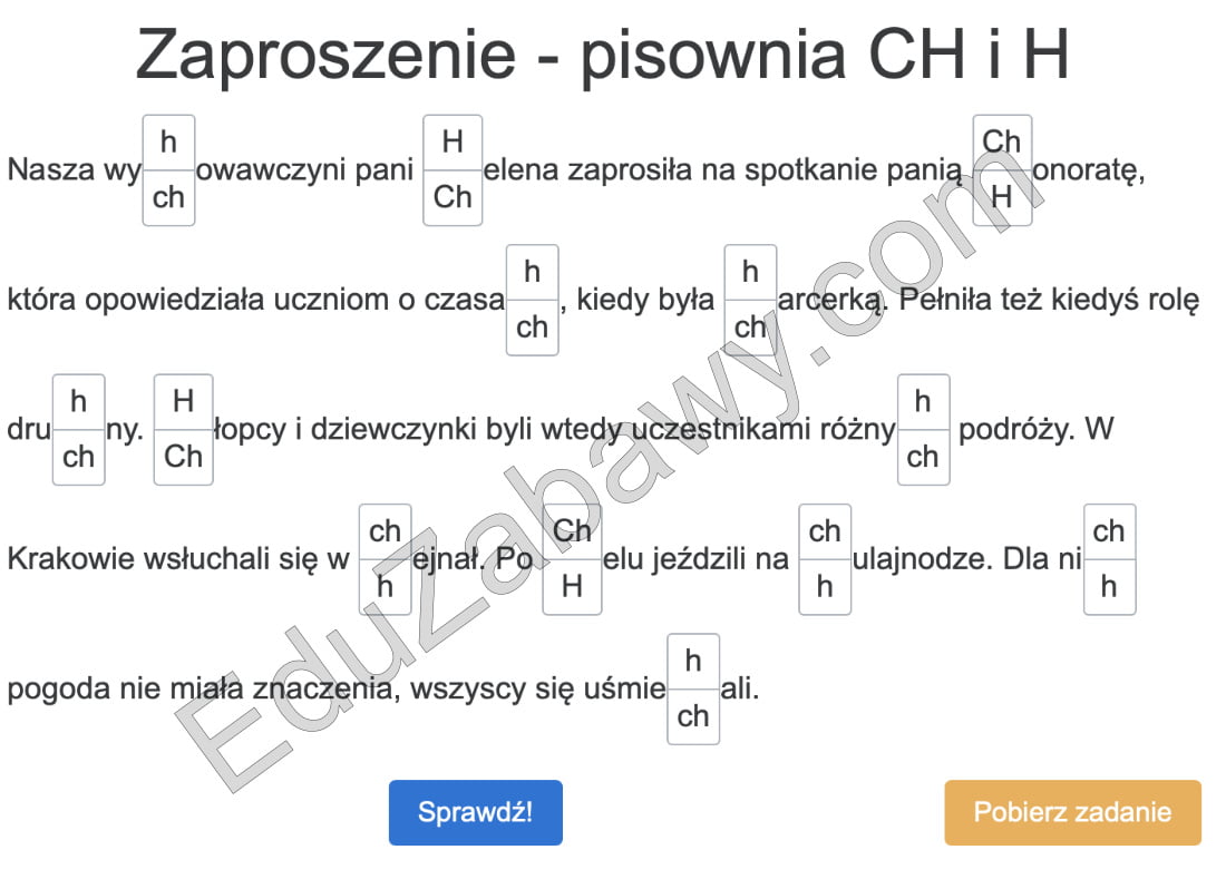 Krótkie dyktando online "Zaproszenie" na pisownię CH i H dla klas 3, 4, 5 Dyktando Z ó U Ch H Rz ż Klasa 5