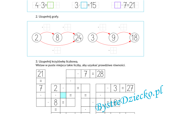Krzyżówka matematyczna, grafy, mnożenie w zakresie 30 - matematyka Sprawdzian Klasa 2 Mnozenie Do 30