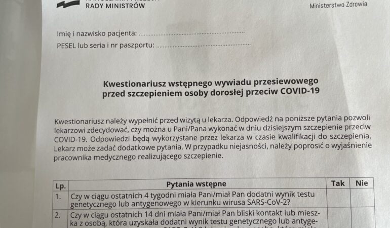 Kwestionariusz zdrowia przed szczepieniem na COVID-19 dostępny online Ankieta Przed Szczepieniem Do Wydruku