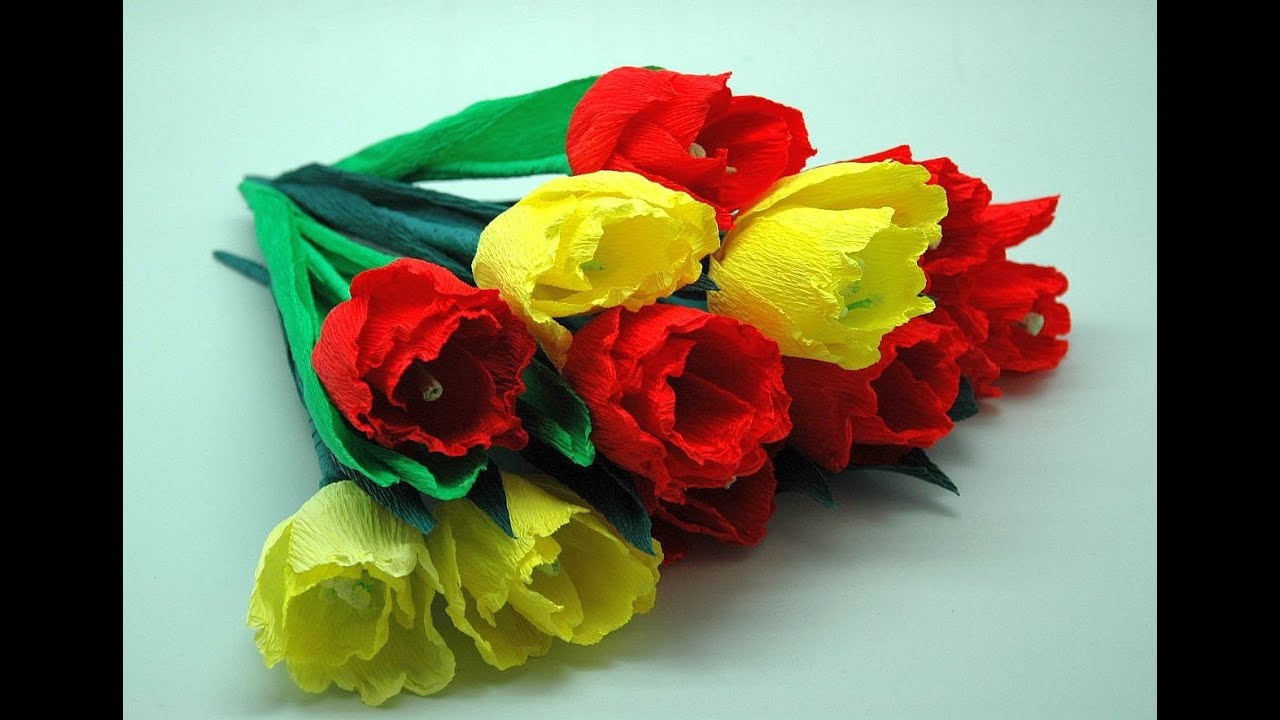 Kwiaty z bibuły - tulipany. Crepe paper flowers-Tulips DIY - YouTube Ozdoby Z Krepiny Krok Po Kroku