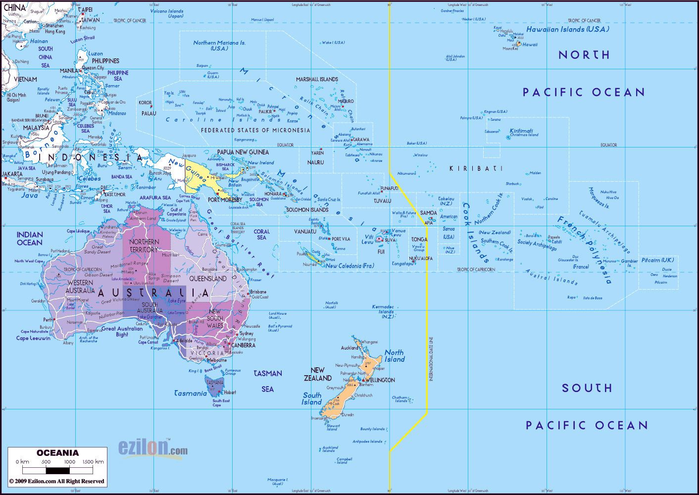 Large political map of Australia and Oceania with major roads and major Mapa Polityczna Australii I Oceanii