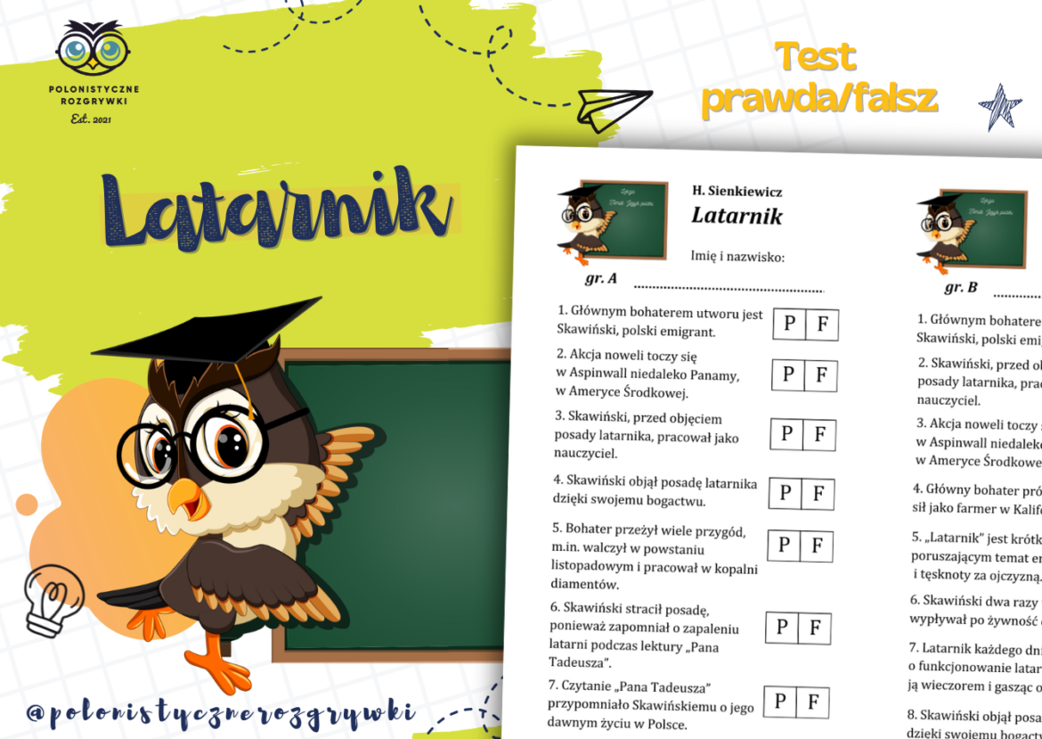 Latarnik. Test prawda/fałsz. Kartkówka z treści lektury. Lektura Folwark Zwierzęcy Test Z Lektury