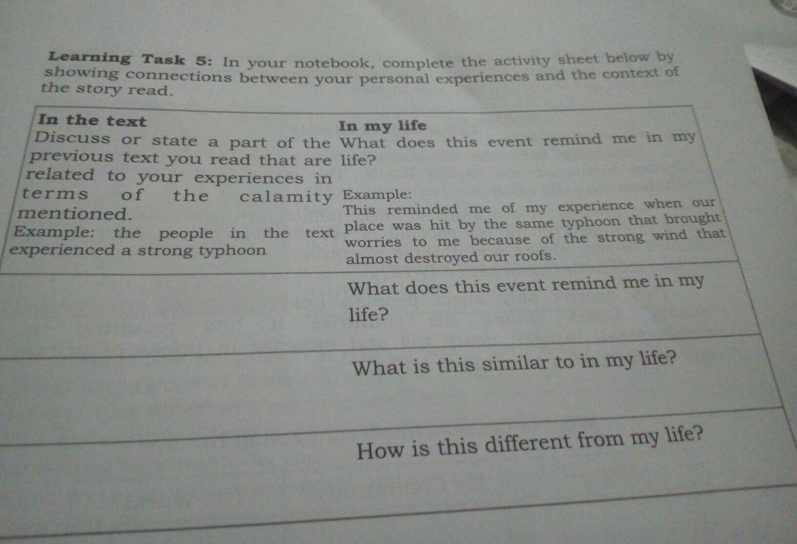 Learning Task 5: In your notebook, complete the activity sheet below by In Your Notebook Complete The