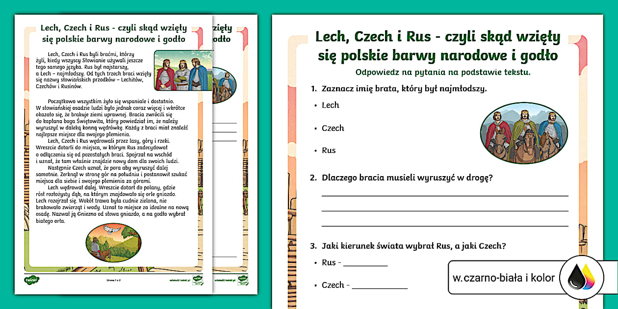 Lech, Czech i Rus | Czytanie ze zrozumieniem (teacher made) Karty Pracy Czytanie Ze Zrozumieniem Klasa 4