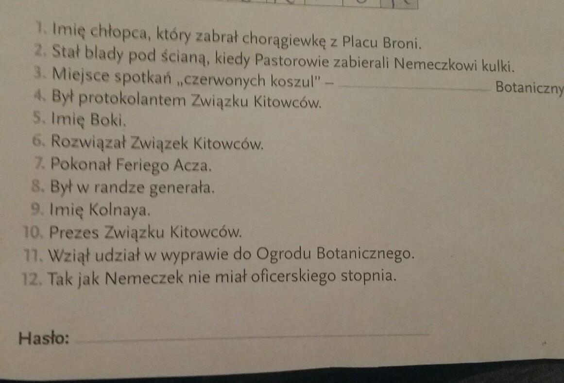 Lektura Chłopcy z Placu Broni Krzyżówka: 1. Imię chłopca Krzyzowka Chlopcy Z Placu Broni