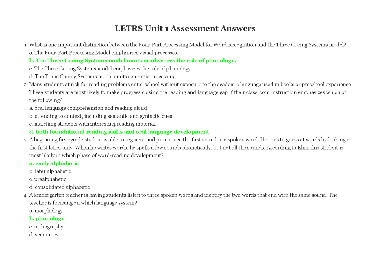 Letrs Unit 5 8 Post Test Answers