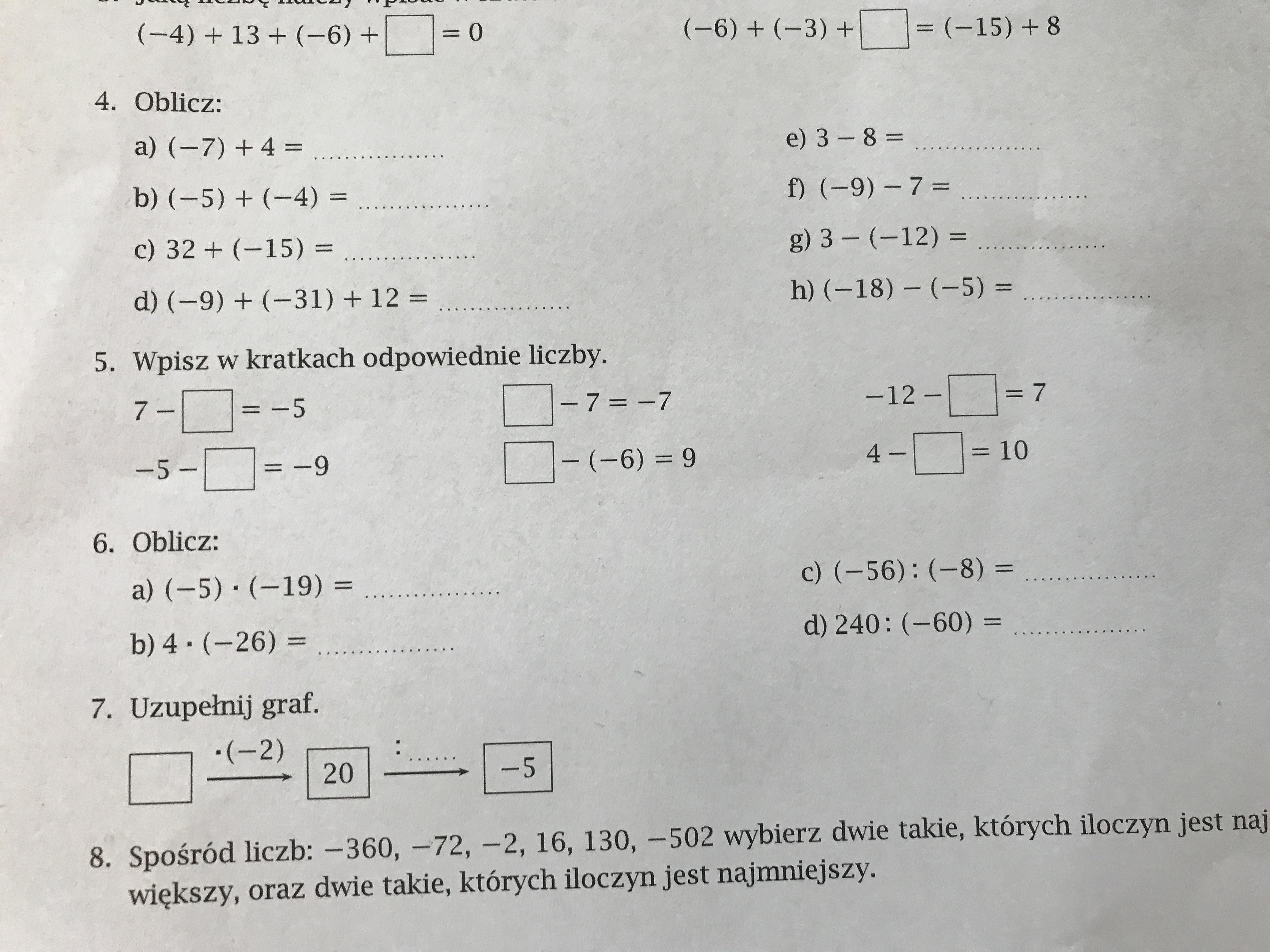 Liczby całkowite klasa 5. Zadanie w załączniku. Zad 4, 5, 6, 7, 8 Praca Klasowa Matematyka Klasa 5 Liczby I Działania