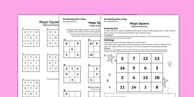 Magiczne Kwadraty - Karty Pracy (Hecho por educadores) Magiczne Kwadraty Klasa 2 Karty Pracy