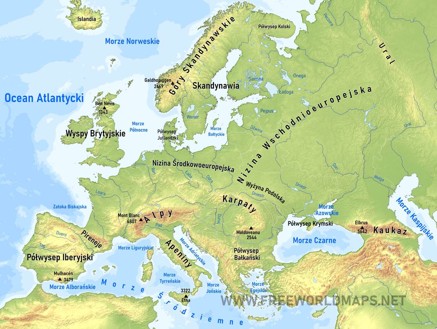 Mapa Europy Niziny Wyżyny Góry