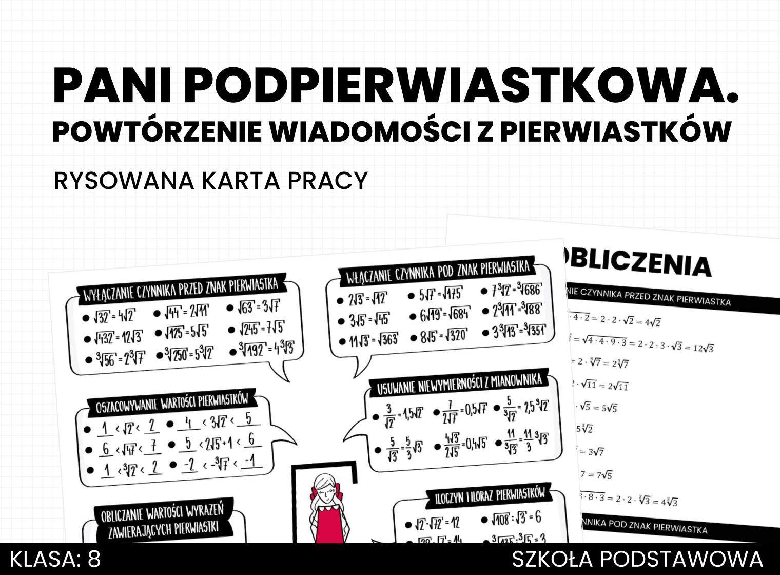 Matematyka. Klasa 8. Pierwiastki. Powtórzenie wiadomości. Rysowana Karta Pracy Potęgi I Pierwiastki Klasa 8
