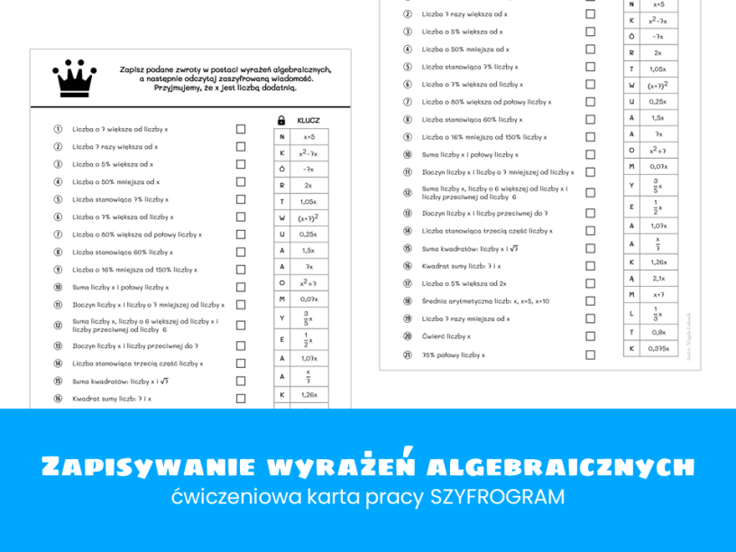 Matematyka. Klasa 8. Zapisywanie wyrażeń algebraicznych. Szyfrogram Wyrazenia Algebraiczne Klasa 8 Sprawdzian