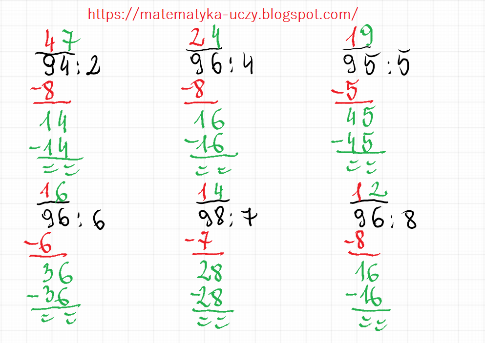 Matematyka uczy: Dzielenie pisemne przez liczby jednocyfrowe zadania i Dzielenie Pisemne Przez Liczby Jednocyfrowe Klasa 4 Przykłady