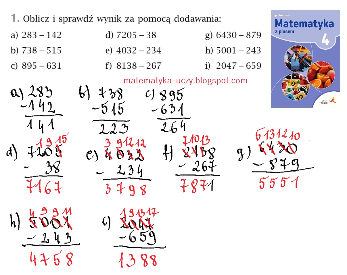 Matematyka uczy: Zad. 1 str. 96 "Matematyka z plusem 4" Odejmowanie Odejmowanie Sposobem Pisemnym Klasa 5