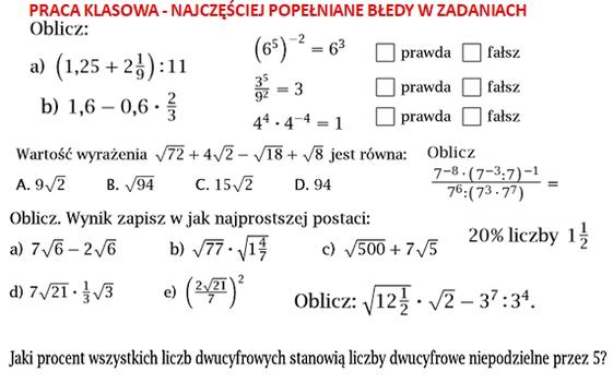 Matematyka w klasa pierwszych Praca Klasowa Liczby I Działania Klasa 8