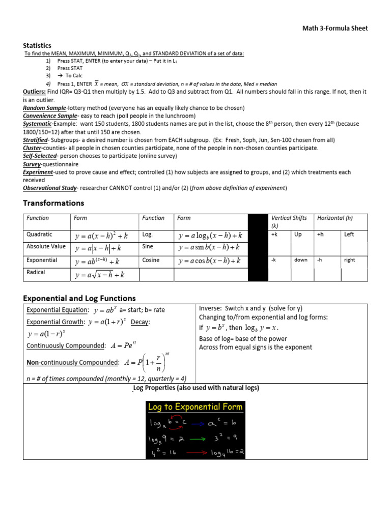 Nc Math 3 Eoc Formula Sheet