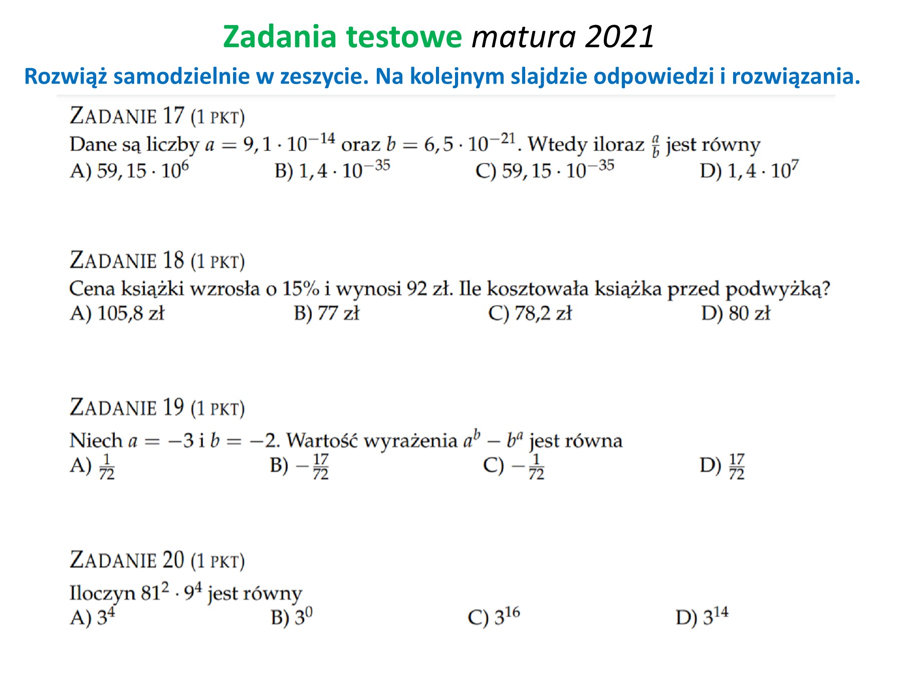 Matura 2021 TESTY -ZADANIA liczby rzeczywiste i wyrażenia algebraiczne Równania Algebraiczne Klasa 8 Zadania Pdf