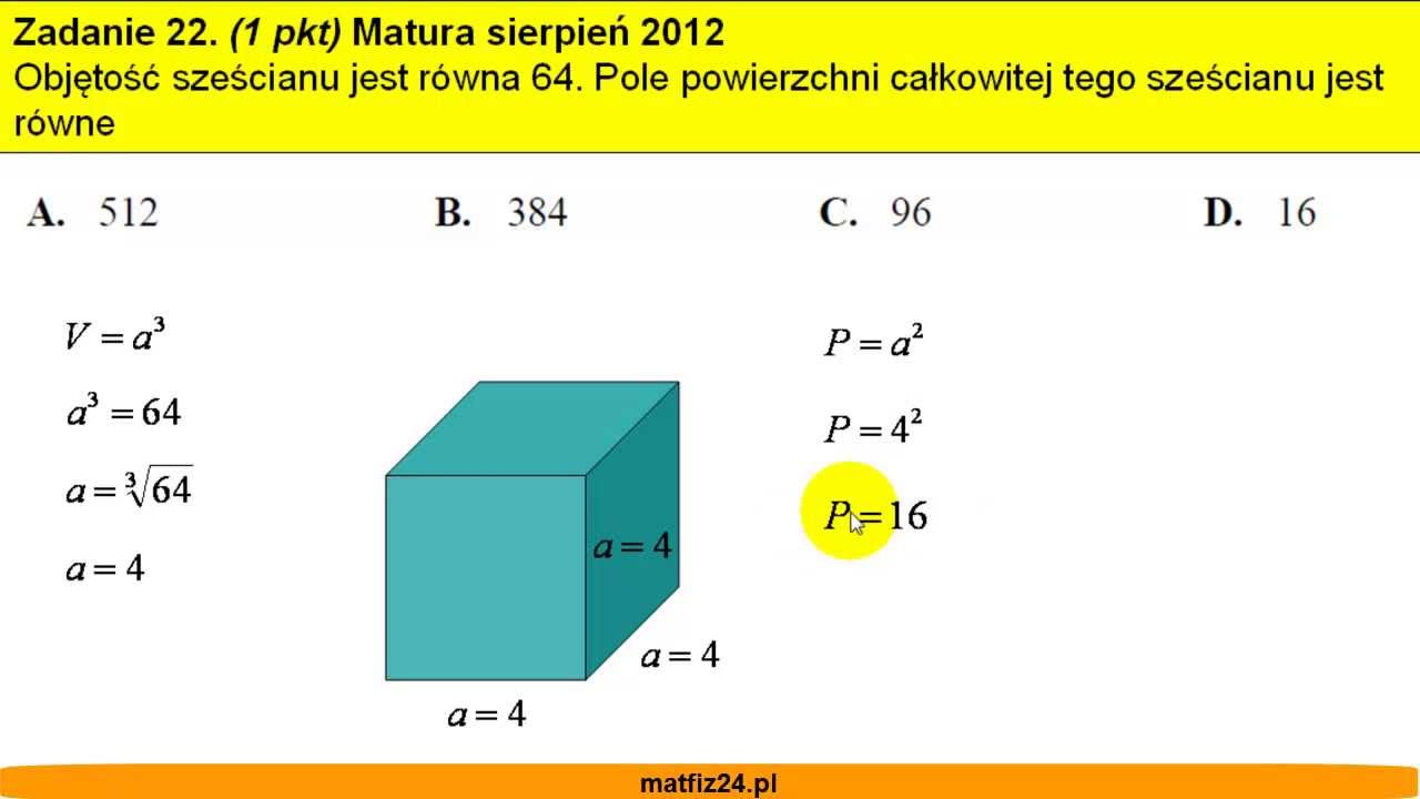 Matura z matematyki sierpień 2012 - zad 22 - Pole całkowite sześcianu Pole Powierzchni Calkowitej Szescianu Wzr