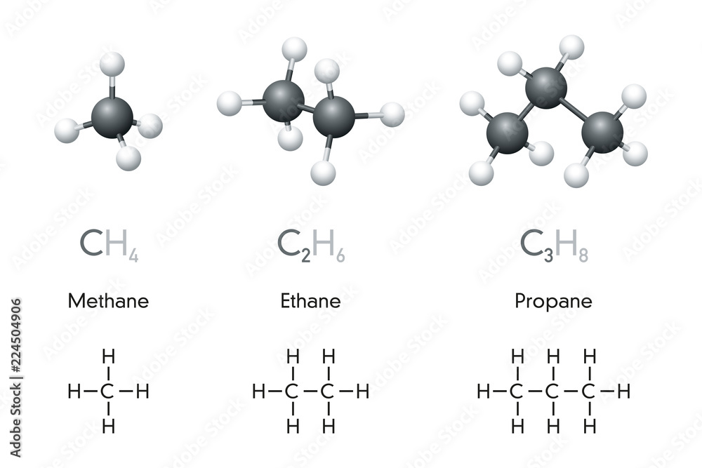 Methane, ethane, propane molecule models and chemical formulas. Organic Gaz Ziemny Może Zawierać 99 Procent Metanu O Gęstości
