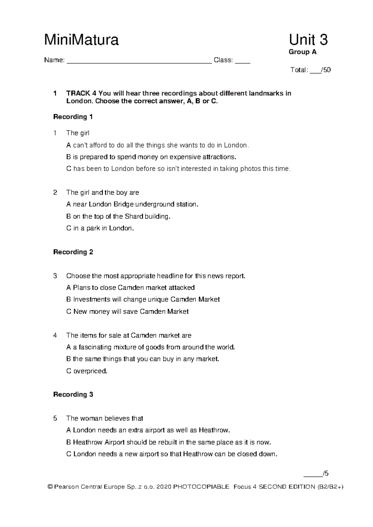Mini Matura Unit3 Group A 1kol - Group A Name Mini Matura Unit 1 Focus 3