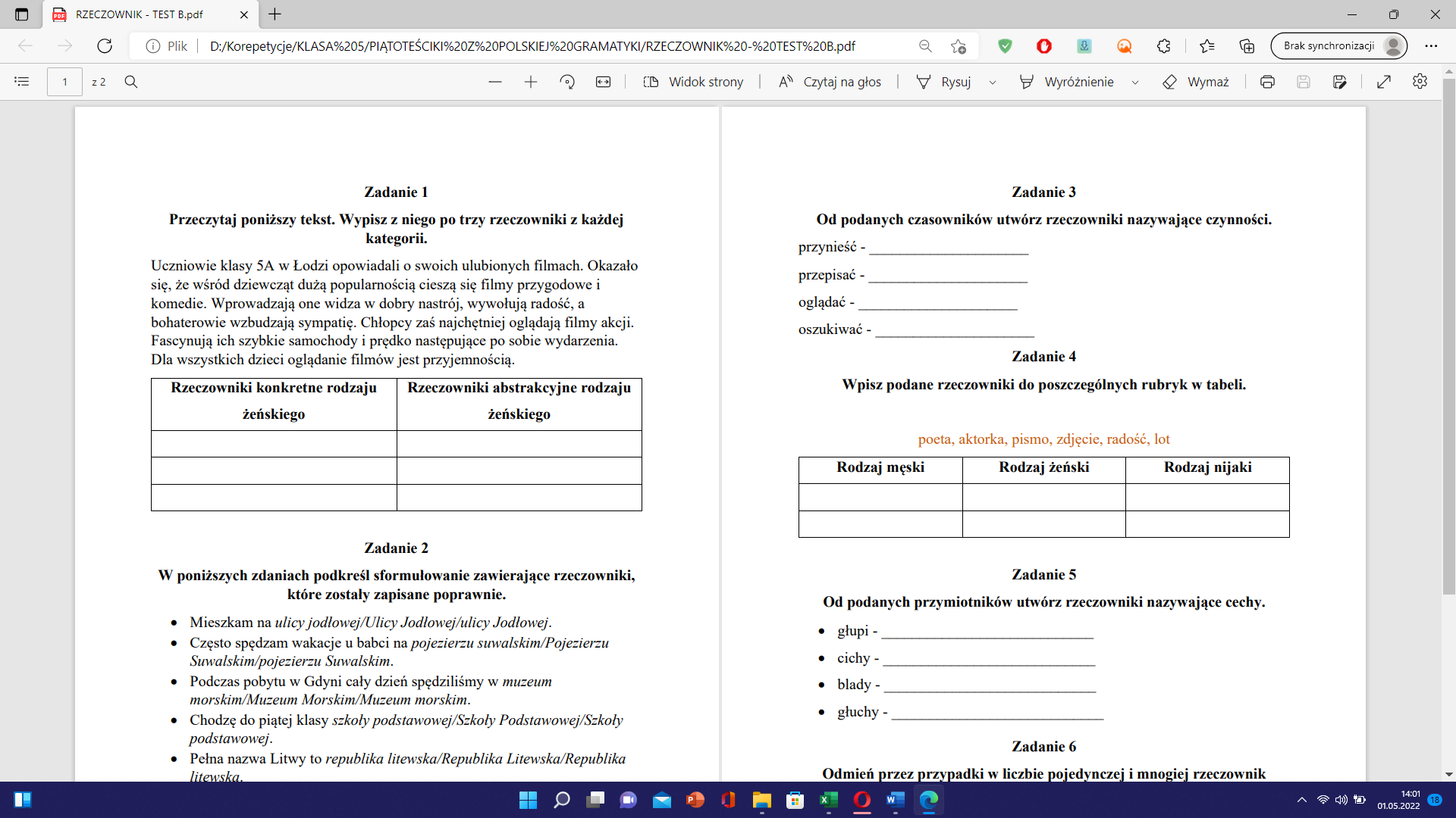 Sprawdzian Z Rzeczownika Klasa 5 Z Odpowiedziami