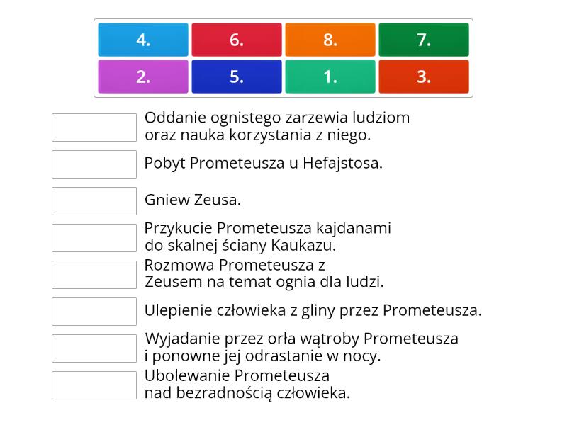Mit o Prometeuszu - plan wydarzeń - Połącz w pary Mit O Prometeuszu Plan Wydarzeń