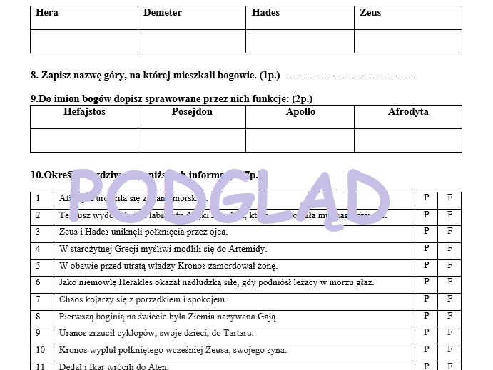 Mitologia - sprawdzian podsumowujący pracę z lekturą • Złoty nauczyciel Test Z Mitologii Klasa 5 Pdf