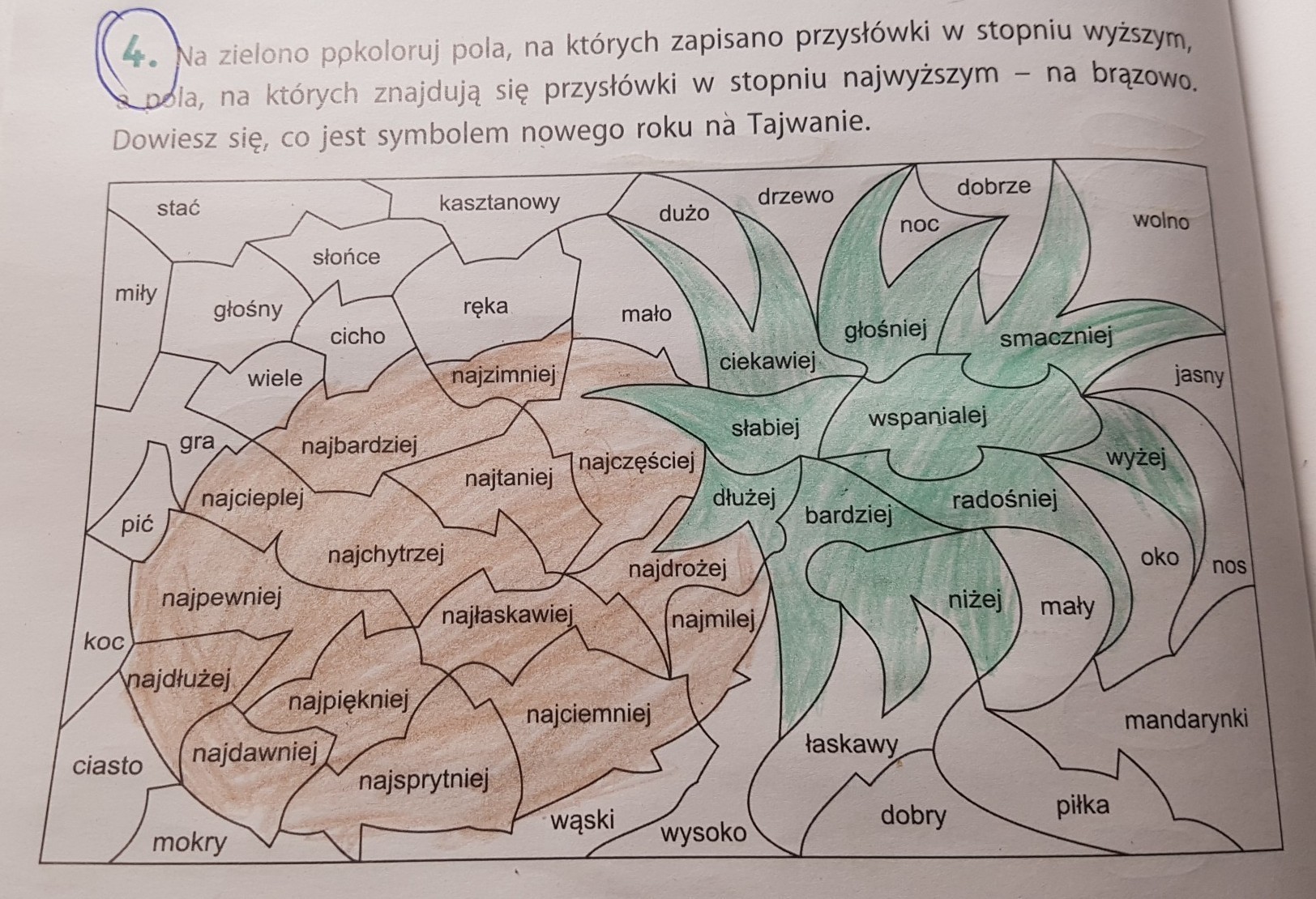 Na zielono pokoloruj pola, na których zapisano przysłówki w stopniu Pokoloruj Pola Na Których Zapisano Wyrazy Z Ch