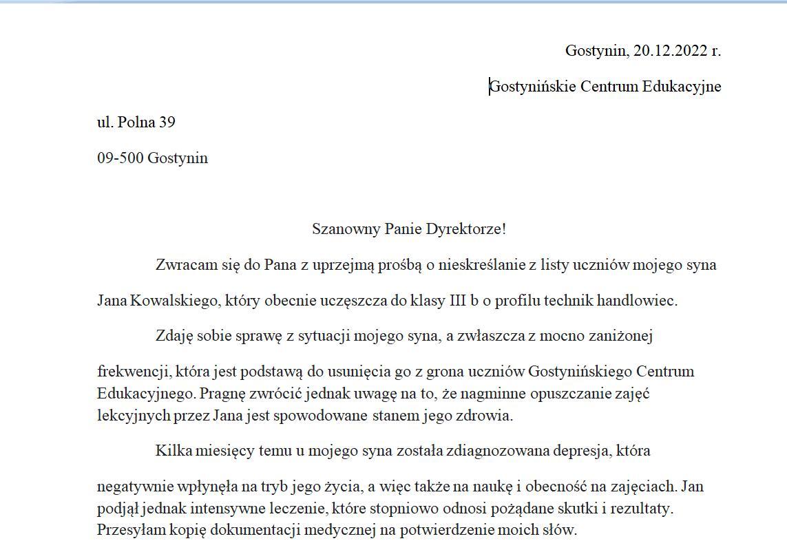 List Do Dyrektora Szkoly Wzor