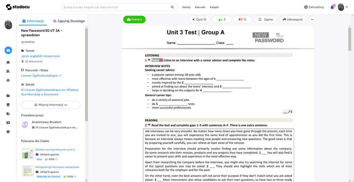 Unit 3 Test Answer Key