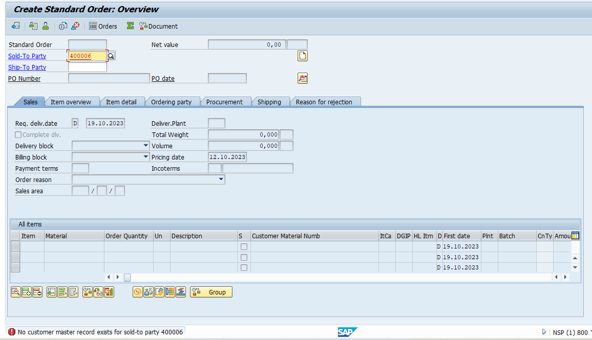 No Customer Master Record Exists For Sold To Party