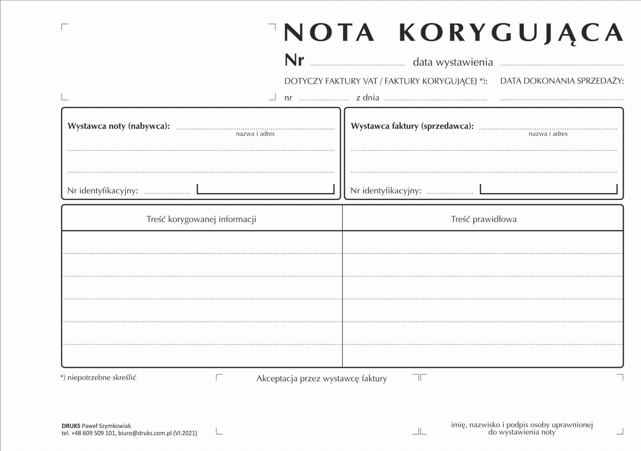 Nota korygująca A5 DRUKS Nota Korygujaca Do Faktury Wzor Word