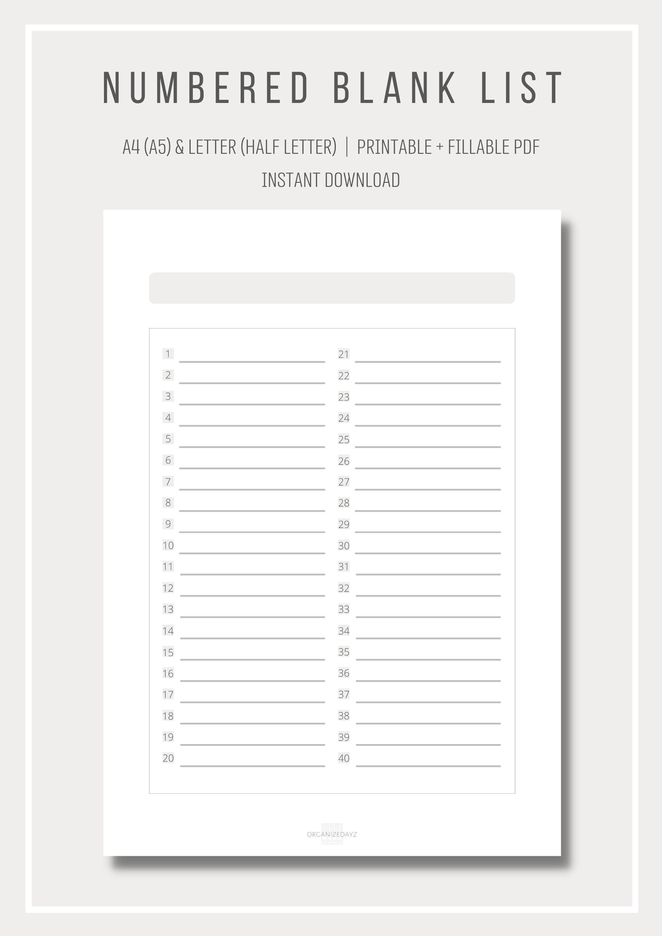 Numbered Blank List Simple List Template Printable List Digital List to List Motywacyjny Wzór Nauczyciel Wychowania Fizycznego