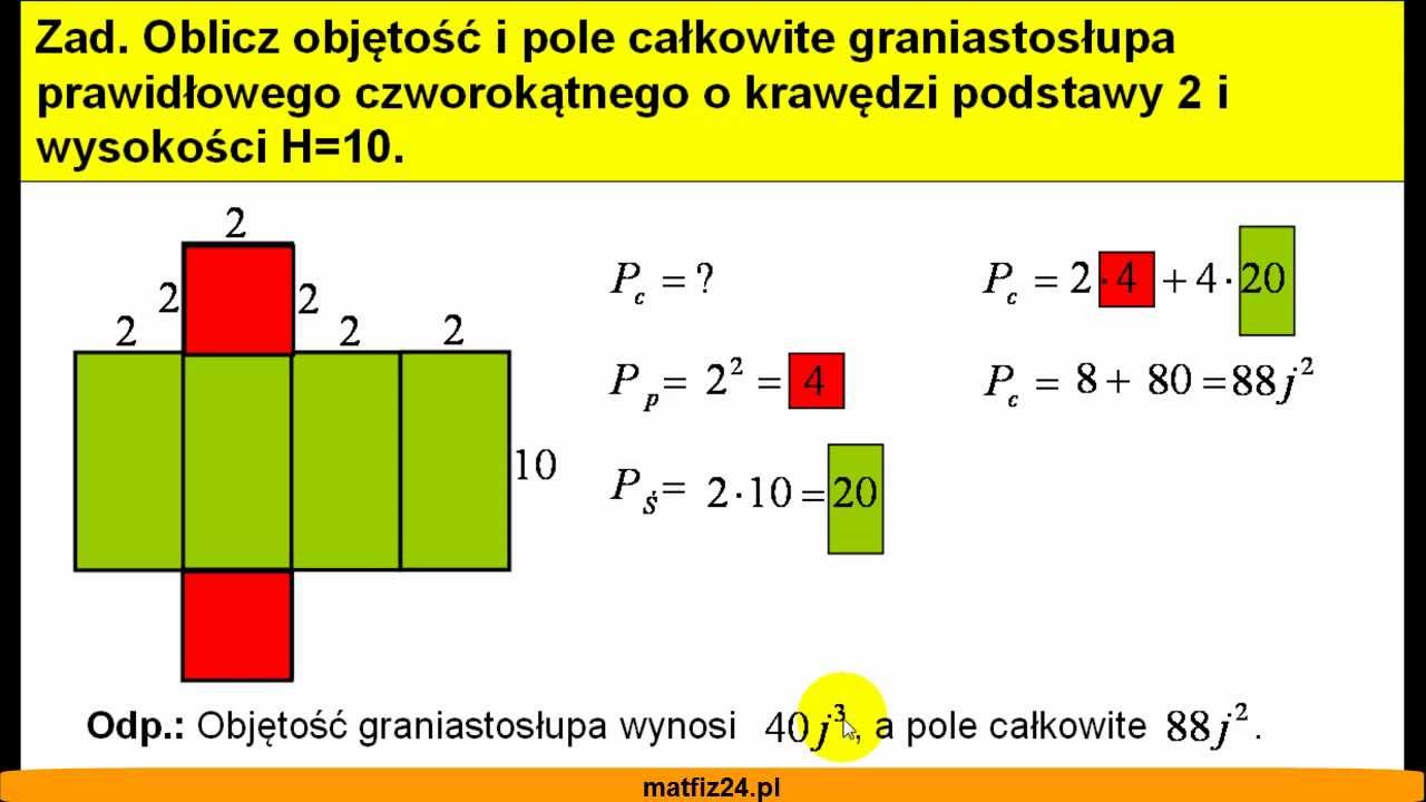 Objętość i pole całkowite graniastosłupa prawidłowego czworokątnego Wzor Na Pole Calkowite Graniastoslupa Prawidlowego Czworokatnego