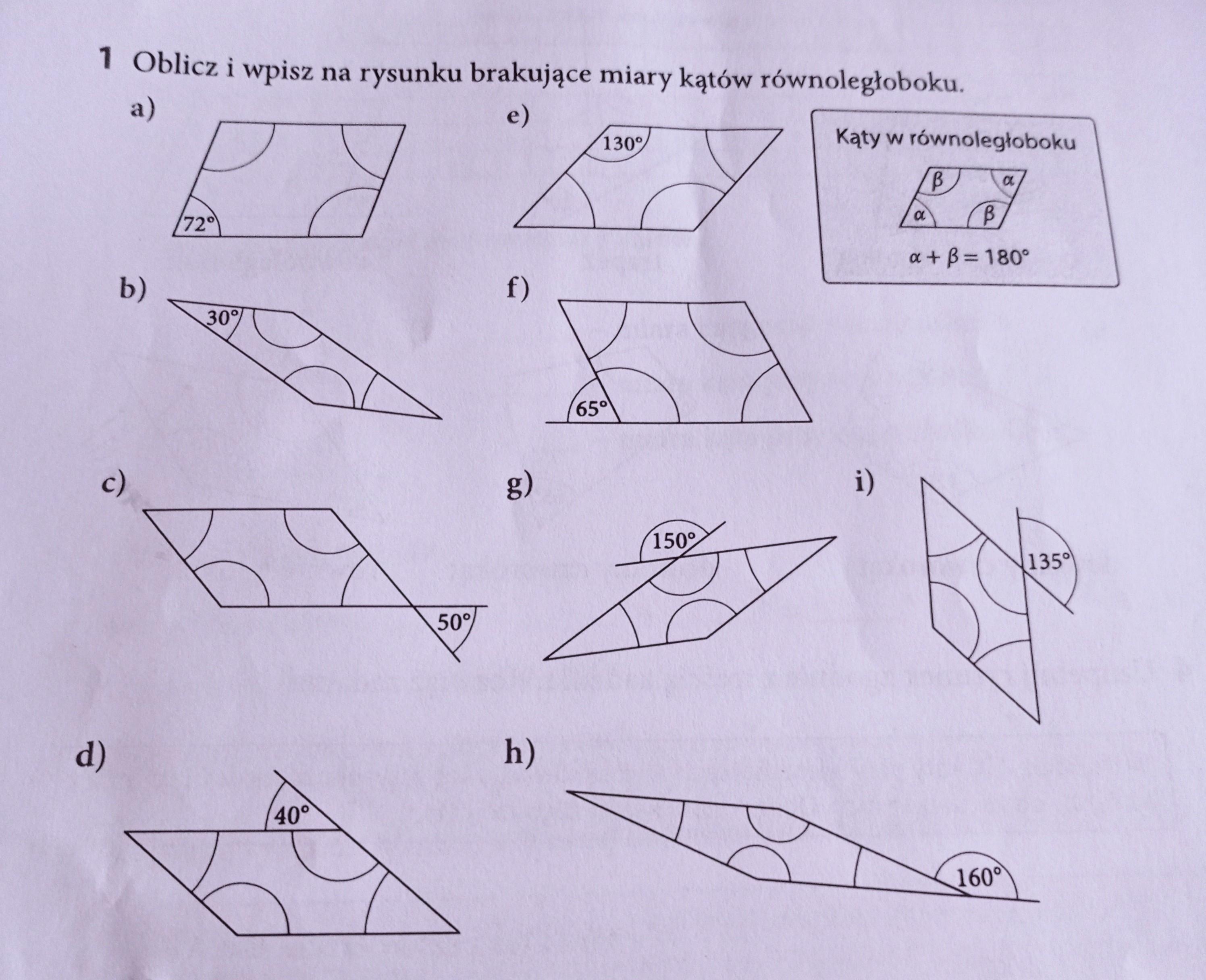 Oblicz i wpisz na rysunku brakujące miary kątów równoległoboku.Daję naj Oblicz I Zapisz Na Rysunku Brakujące Miary Kątów