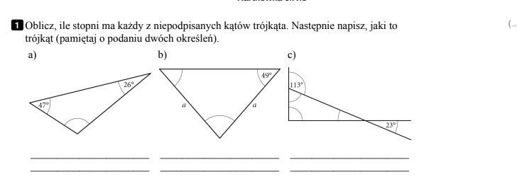 Oblicz, ile stopni ma każdy z niepodpisanych kątów trójkąta. Następnie Ile Stopni Ma Każdy Z Kątów Czworokąta Zapisz Obliczenia