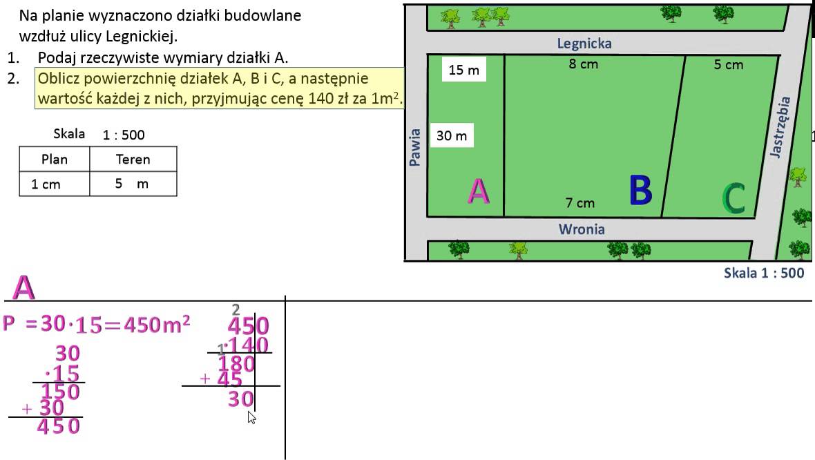 Oblicz powierzchnię działek, a następnie podaj ich wartość. Skala na Minimalny Udział Powierzchni Biologicznie Czynnej