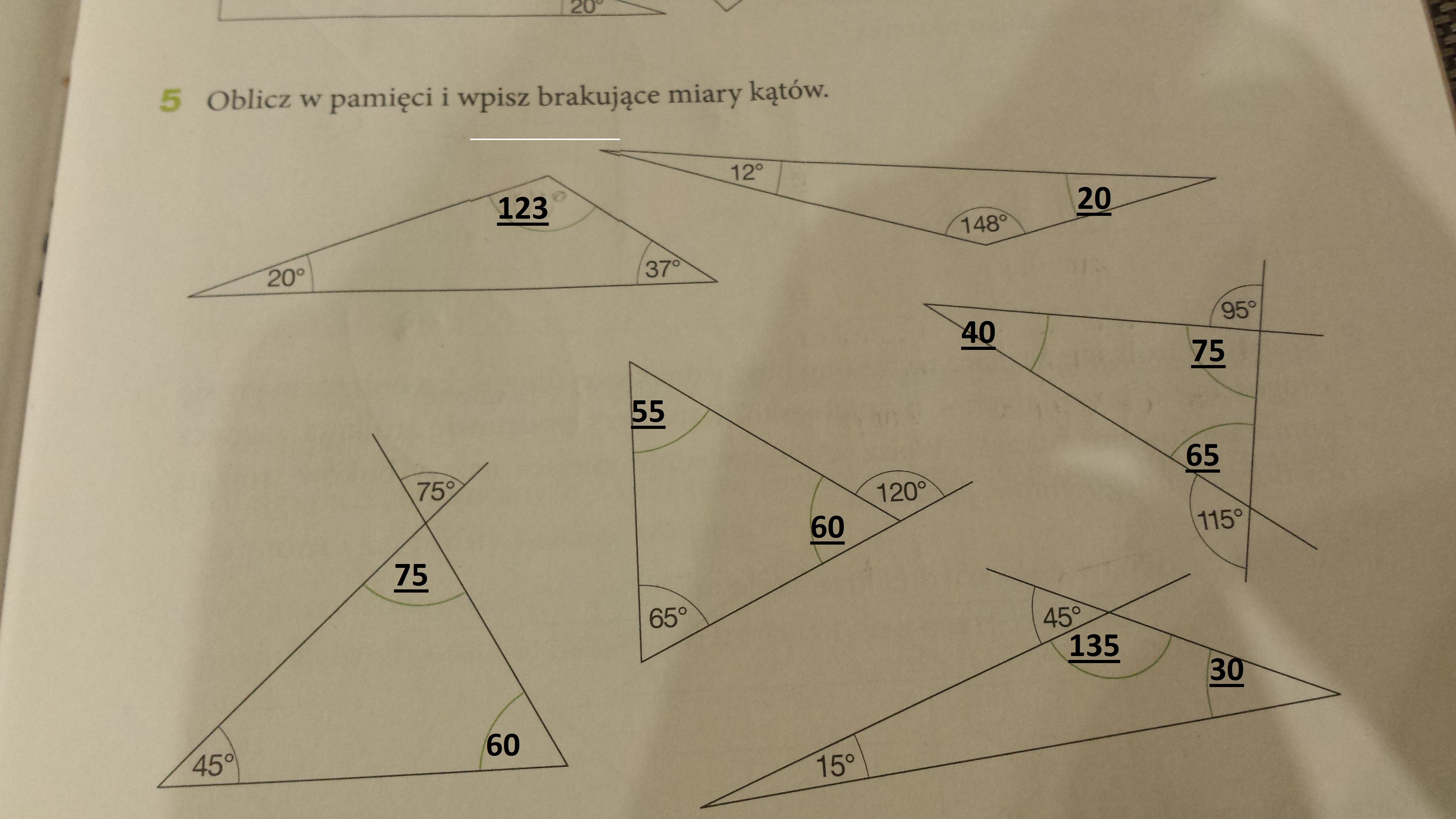 Oblicz I Wpisz Brakujące Miary Kątów W Trójkątach