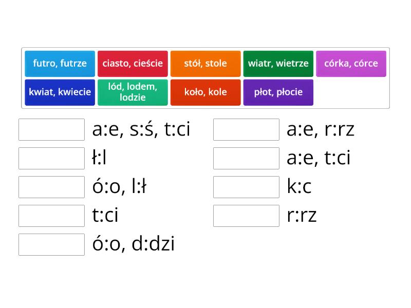 Oboczności w temacie rzeczownika - Połącz w pary Oboczności W Temacie Rzeczownika Klasa 5 ćwiczenia