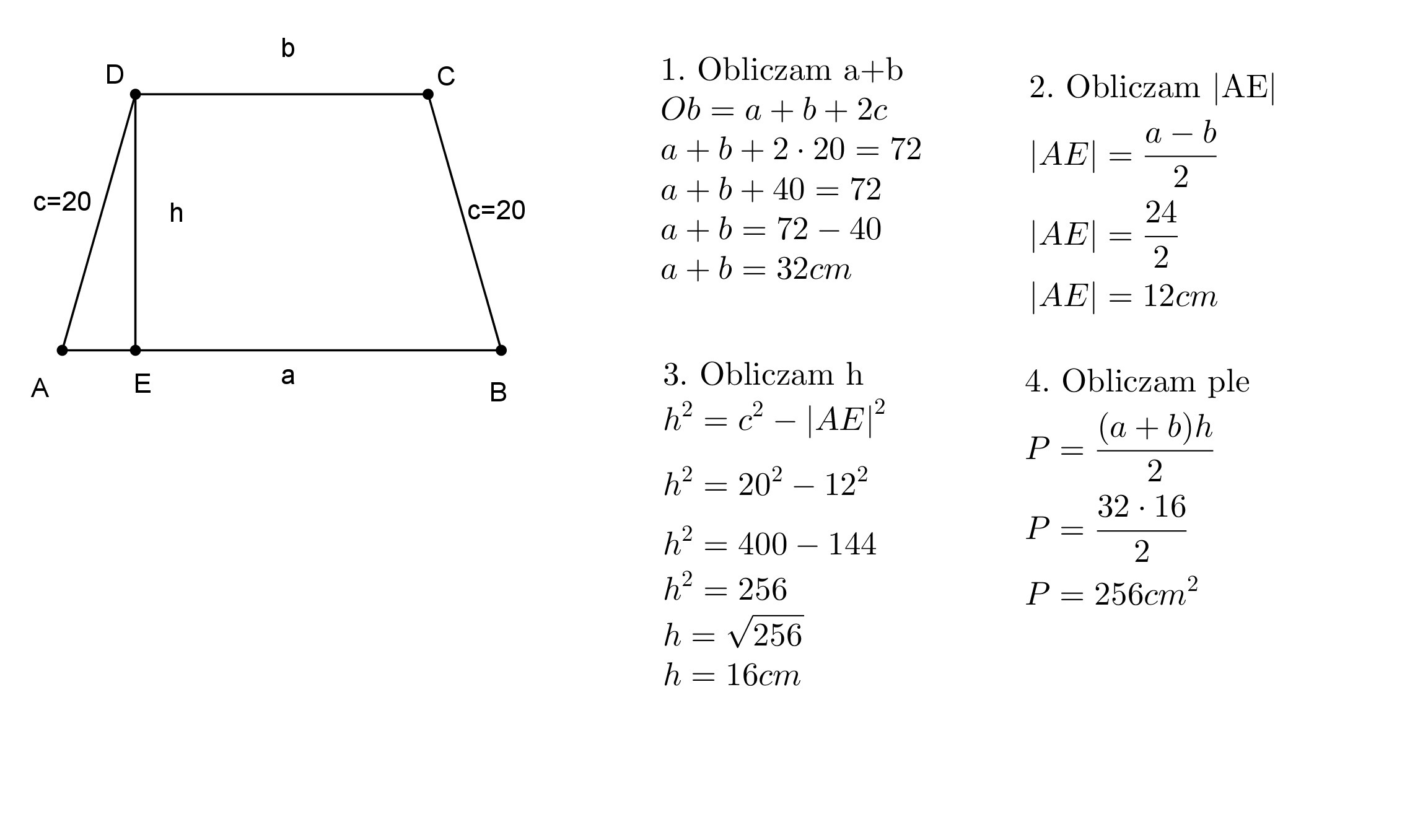 Obwód trapezu równoramiennego jest równy 72 cm, ramię ma długość 20 cm Obwód Trapezu Równoramiennego Jest Równy 72 Cm