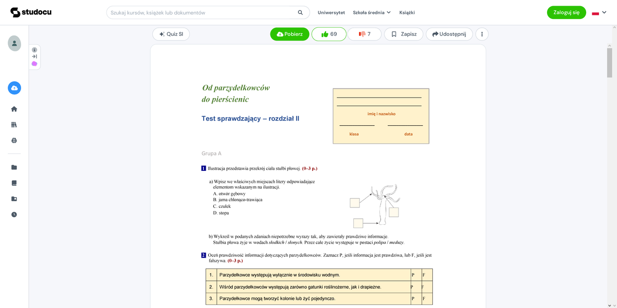 Od parzydełkowców do pierścienic kl 6 - Od parzydełkowców do Test Biologia Klasa 6 Od Parzydelkowcow Do Pierscienic