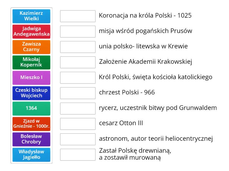 Od Piastów do Jagiellonów - powtórzenie - Połącz w pary Od Piastow Do Jagiellonow Sprawdzian Klasa 4 Pdf Nowa Era