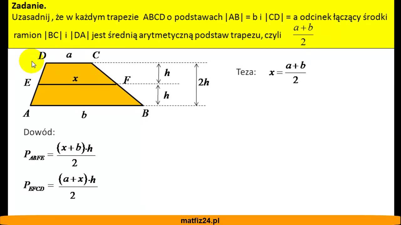 Odcinek łączący środki trapezu - Dowód matematyczny - MatFiz24.pl - YouTube Oblicz Dlugosc Odcinka Oznaczonego Litera A