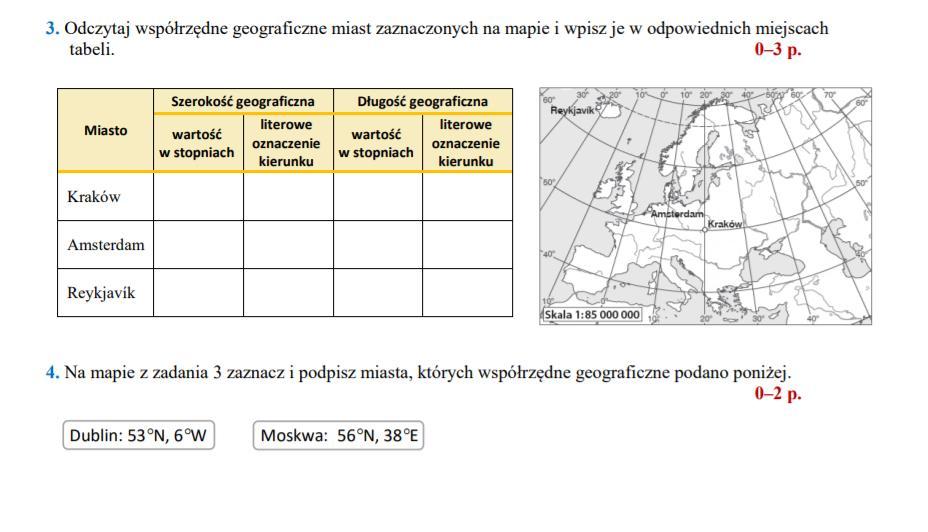 Odczytaj współrzędne geograficzne miast zaznaczonych na mapie i wpisz Sprawdzian Z Geografii Klasa 6 Dzial 1 Wspolrzedne Geograficzne?adlt=strict